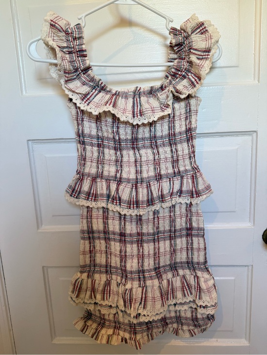 Tularosa Dresses & Skirts - Tularosa Cream Plaid Dress with Navy & Red Trim